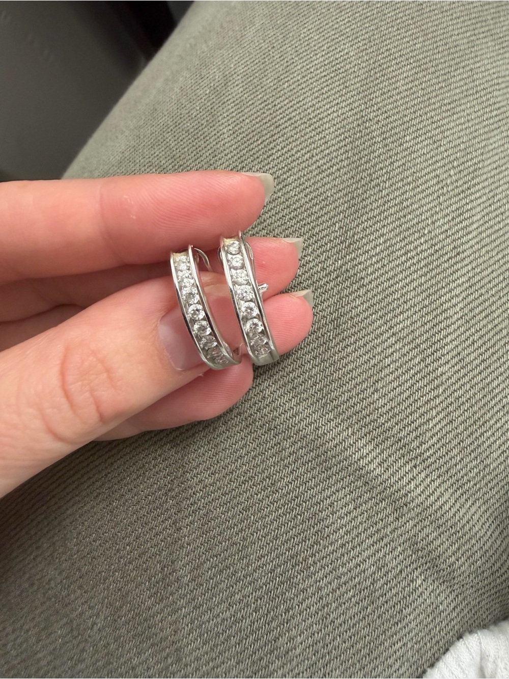 Classic Diamond 10k White Gold J-Channel Hoop Earrings - Silver